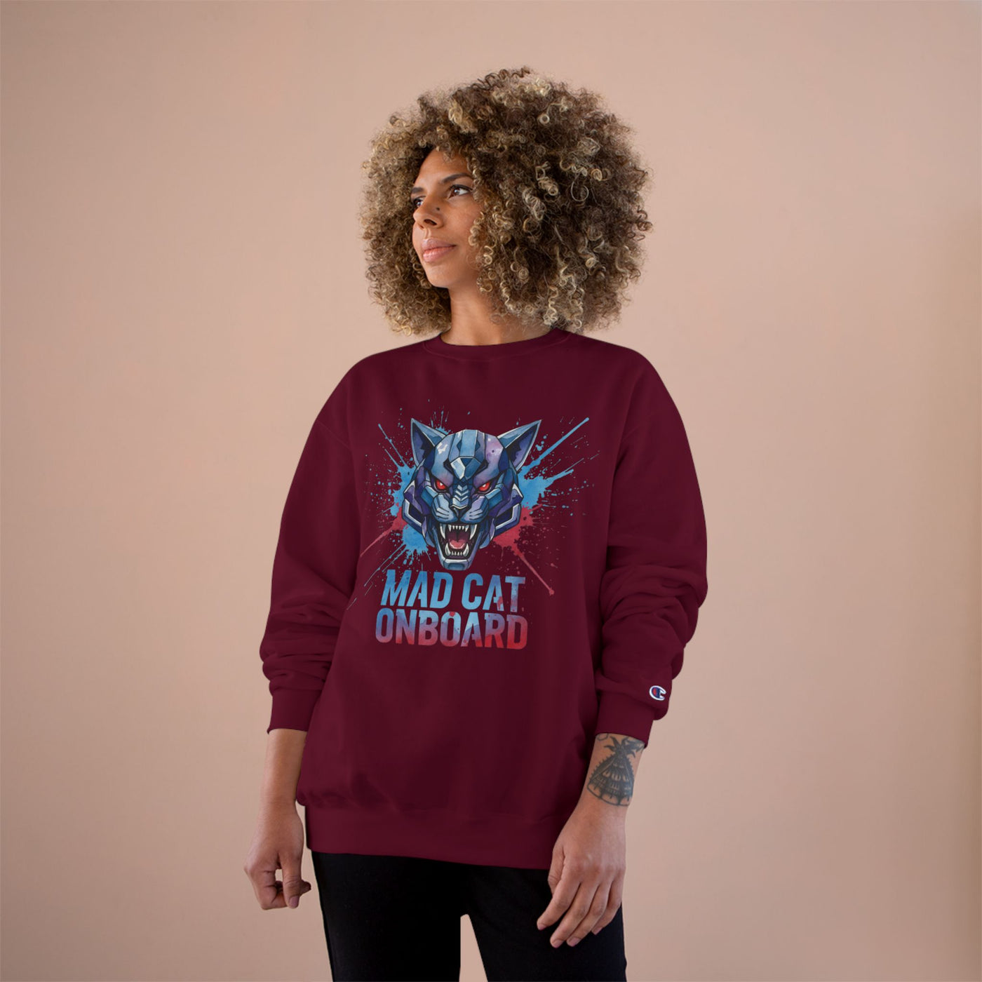 Mad Cat Onboard Graphic style 3 Champion Crewneck Sweatshirt for Gamers & Sci‑Fi Fans