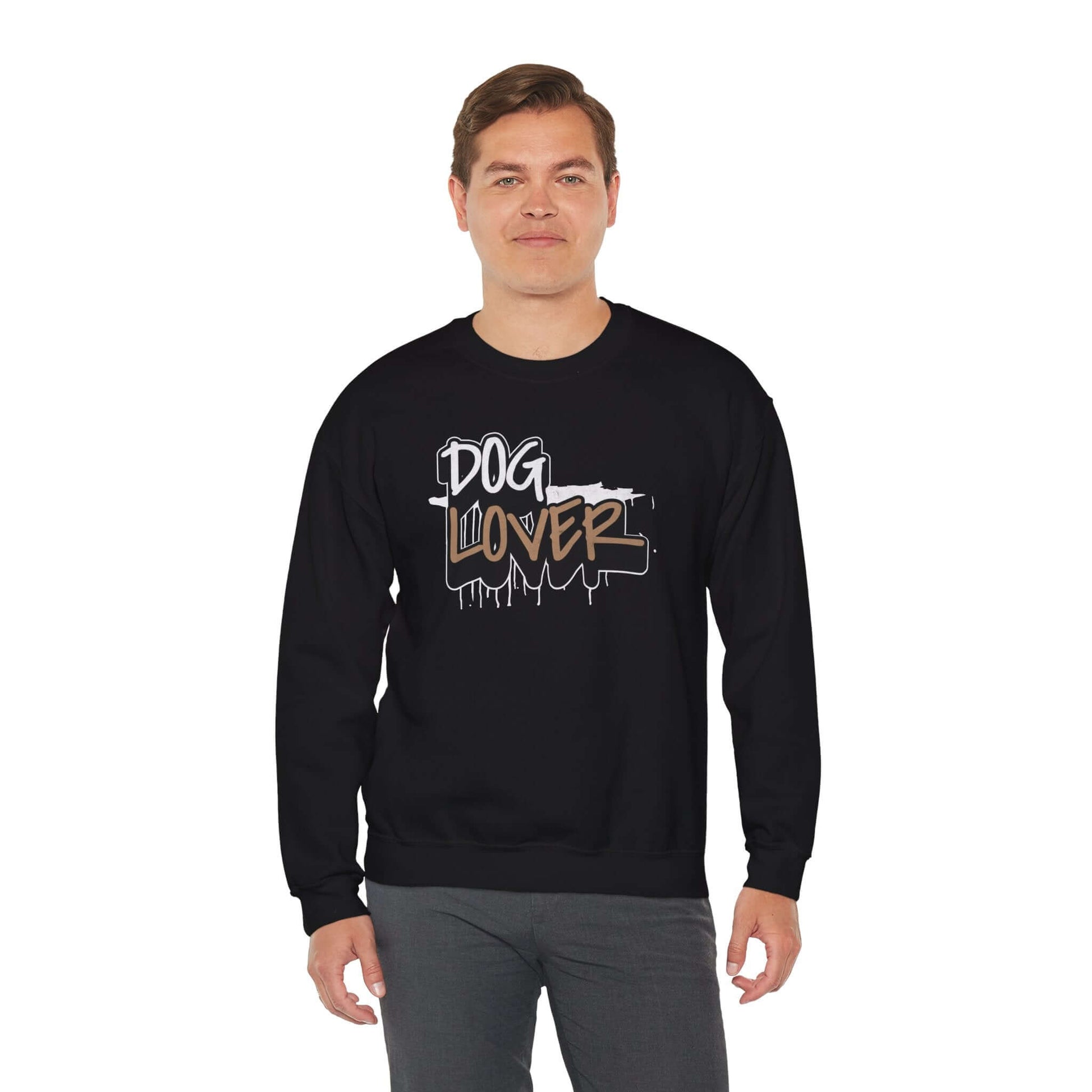 Dog Lover Stylish Unisex Crewneck Sweatshirt on a model wearing a black sweatshirt with graphic text.