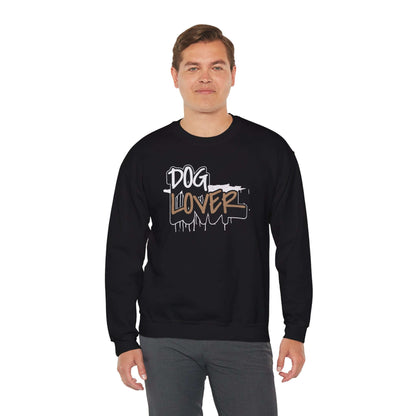 Dog Lover Stylish Unisex Crewneck Sweatshirt on a model wearing a black sweatshirt with graphic text.