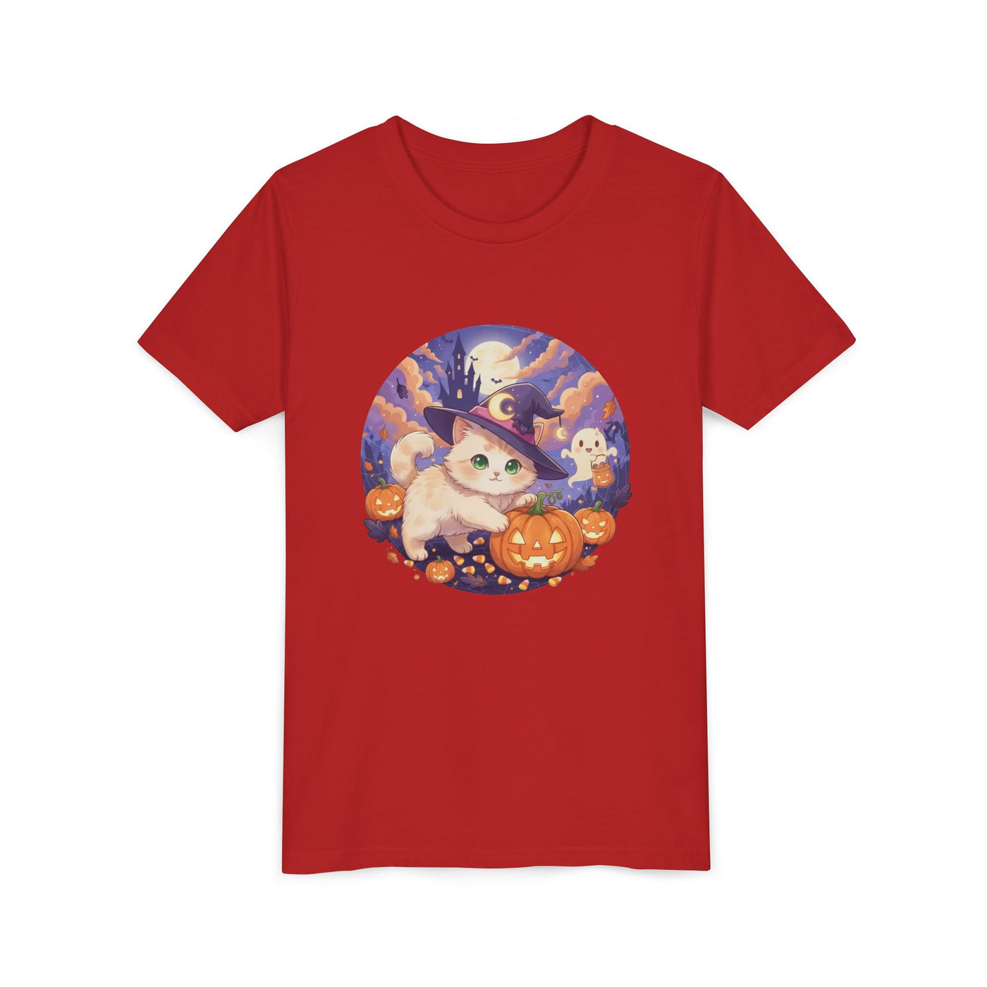 Halloween cute kitten anime style 5 Unisex Youth Tee | T-Shirt, Cute Pumpkin Shirt, Kids Halloween Outfit, Cat Lover Gift, Fun Fall Apparel