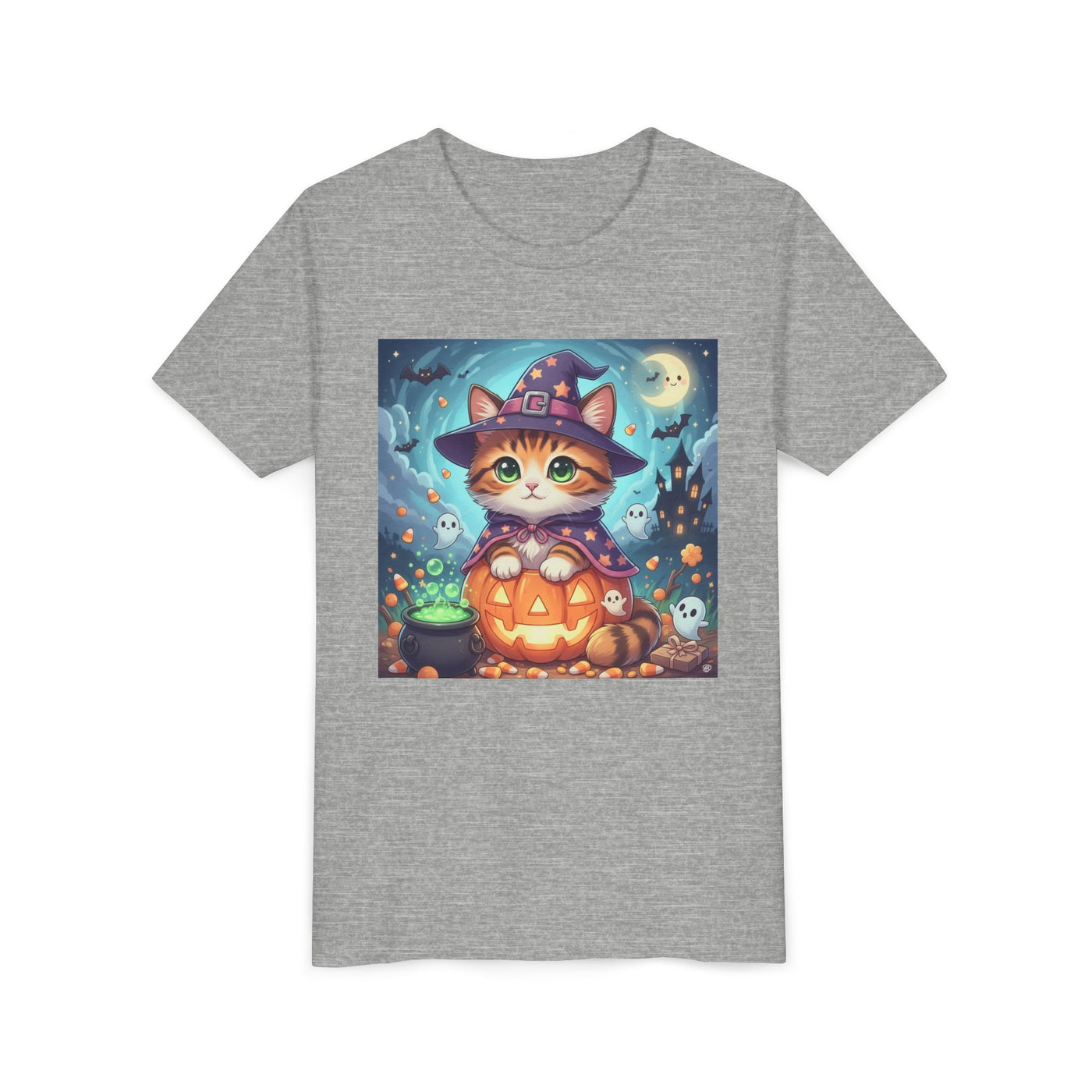 Halloween cute kitten anime style 2 Unisex Youth Tee | T-Shirt, Cute Pumpkin Shirt, Kids Halloween Outfit, Cat Lover Gift, Fun Fall Apparel
