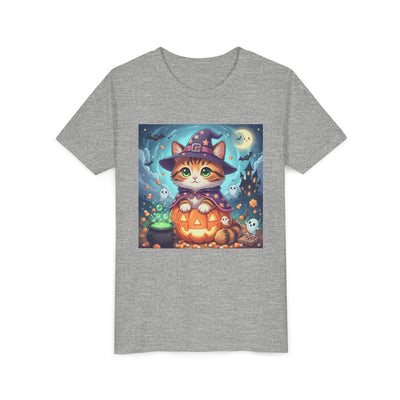 Halloween cute kitten anime style 2 Unisex Youth Tee | T-Shirt, Cute Pumpkin Shirt, Kids Halloween Outfit, Cat Lover Gift, Fun Fall Apparel