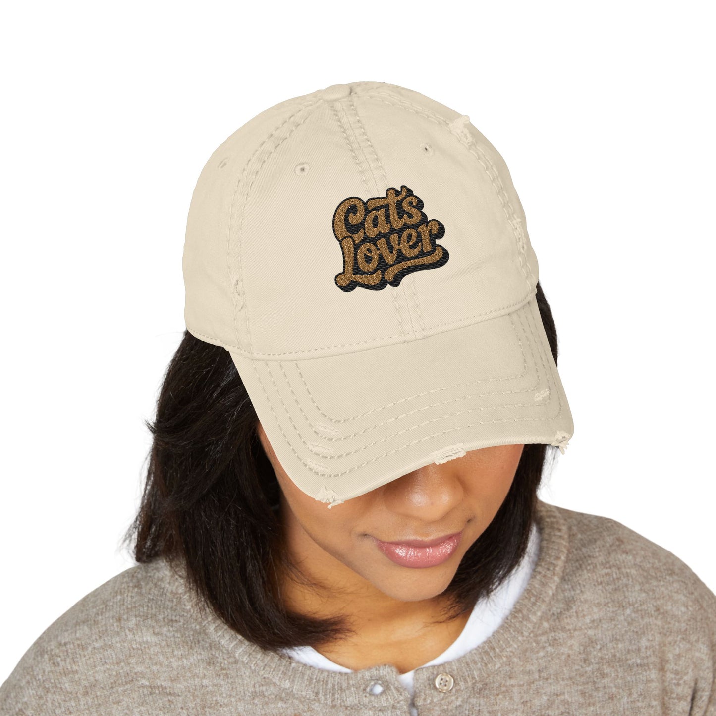 Cats Lover Distressed Embroidered Cap Dad Hat Brown Words