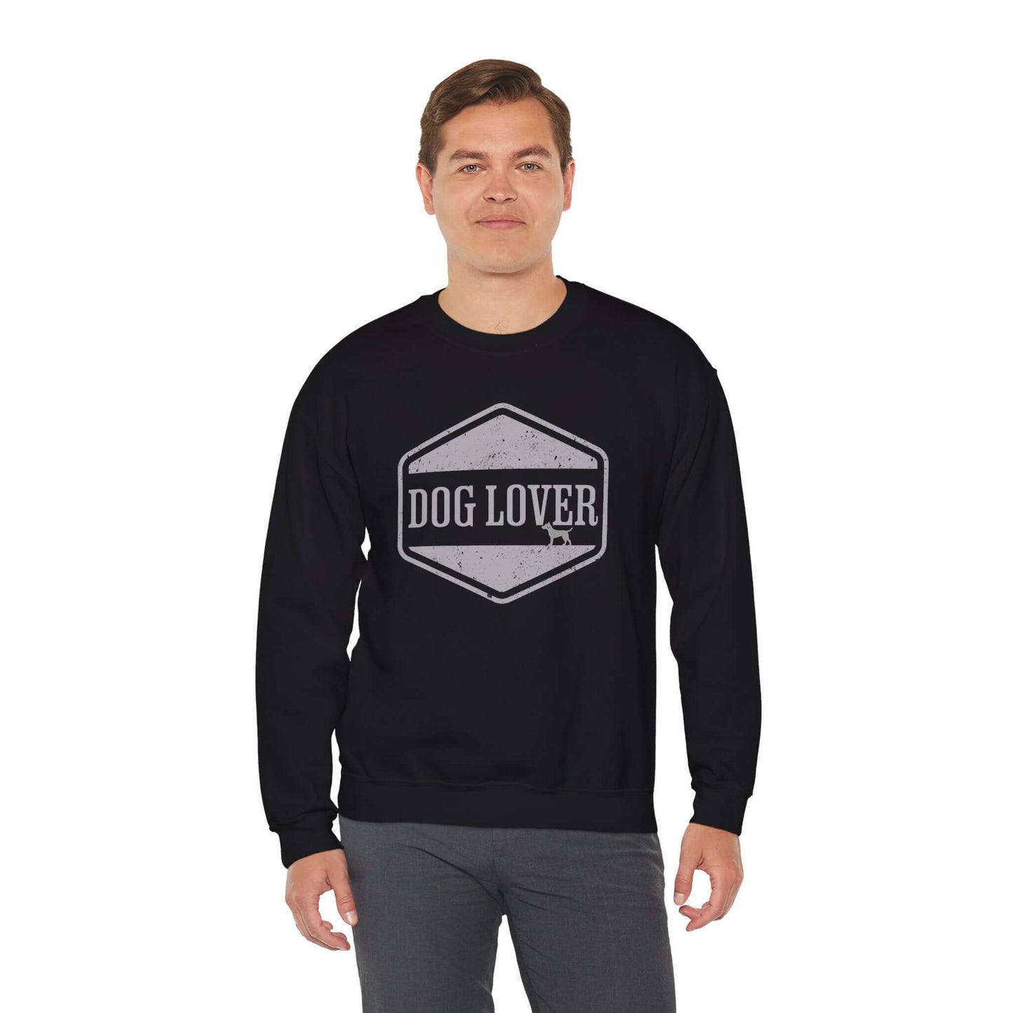 Dog Lover Vintage Badge Unisex Crewneck Sweatshirt displayed on a model, featuring a vintage-style badge design.