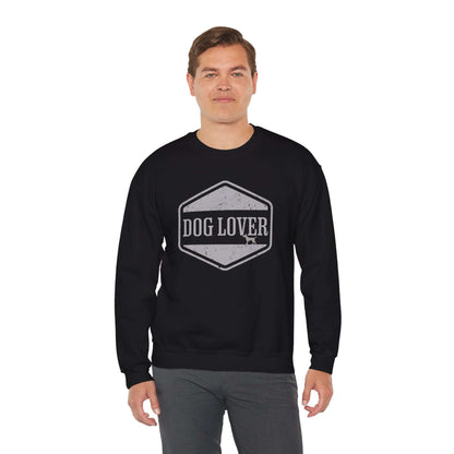 Dog Lover Vintage Badge Unisex Crewneck Sweatshirt displayed on a model, featuring a vintage-style badge design.