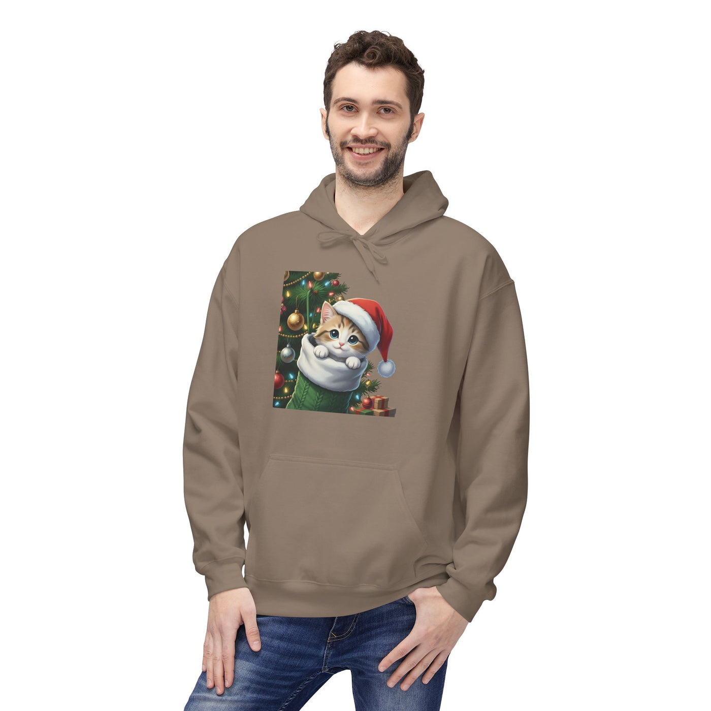 Adorable kitten hiding in Christmas stocking style 2 Cozy Graphic Unisex Midweight Softstyle Fleece Hoodie