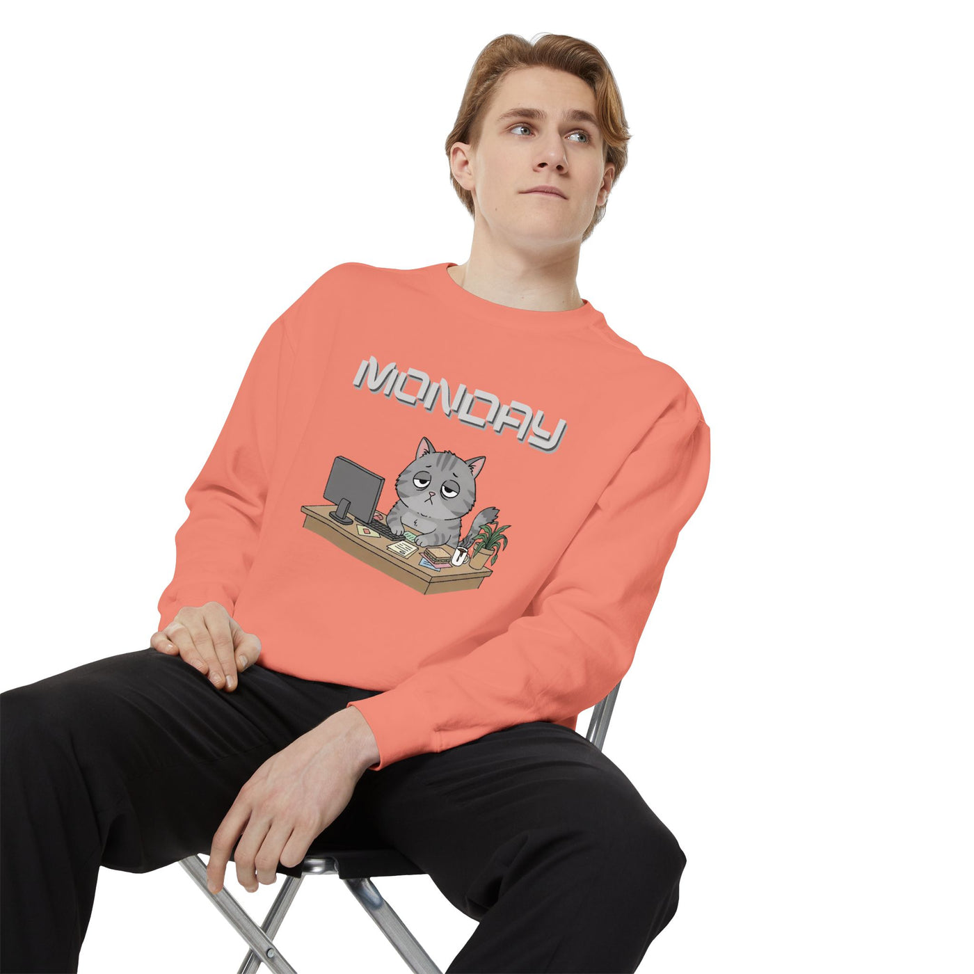 Monday Face Cat Stares Blankly Unisex Crewneck Sweatshirt style 2