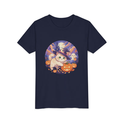Halloween cute kitten anime style 5 Unisex Youth Tee | T-Shirt, Cute Pumpkin Shirt, Kids Halloween Outfit, Cat Lover Gift, Fun Fall Apparel