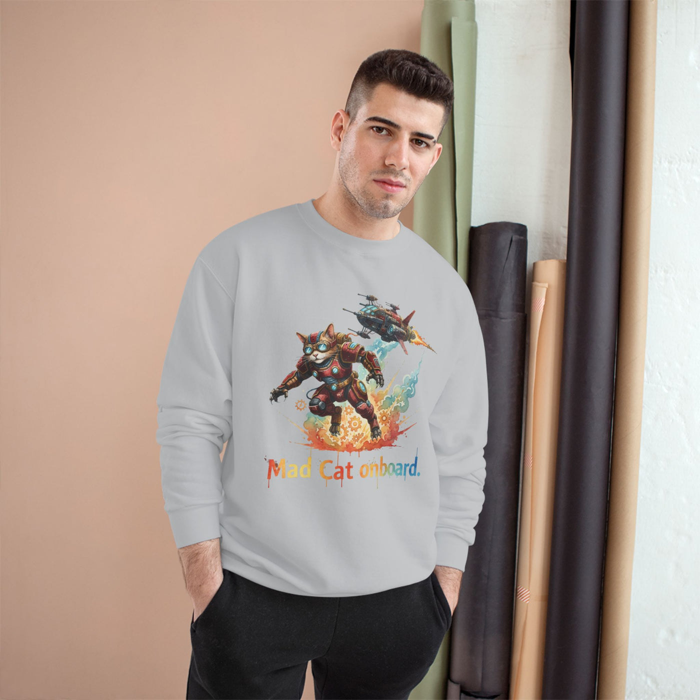Mad Cat Onboard Graphic style 2 Champion Crewneck Sweatshirt for Gamers & Sci‑Fi Fans