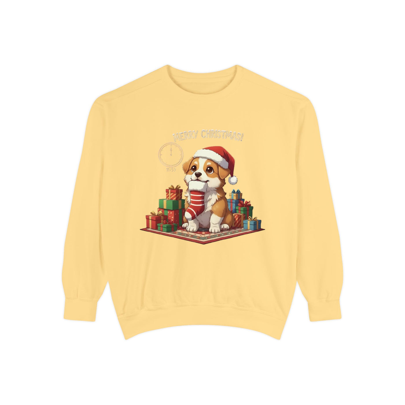 Cute Puppy waiting for Christmas presents style 1 Cozy Graphic Unisex Crewneck Sweatshirt