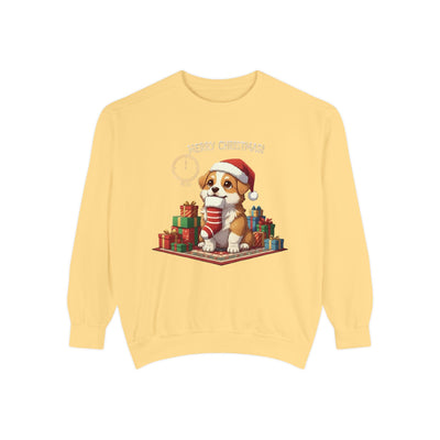 Cute Puppy waiting for Christmas presents style 1 Cozy Graphic Unisex Crewneck Sweatshirt