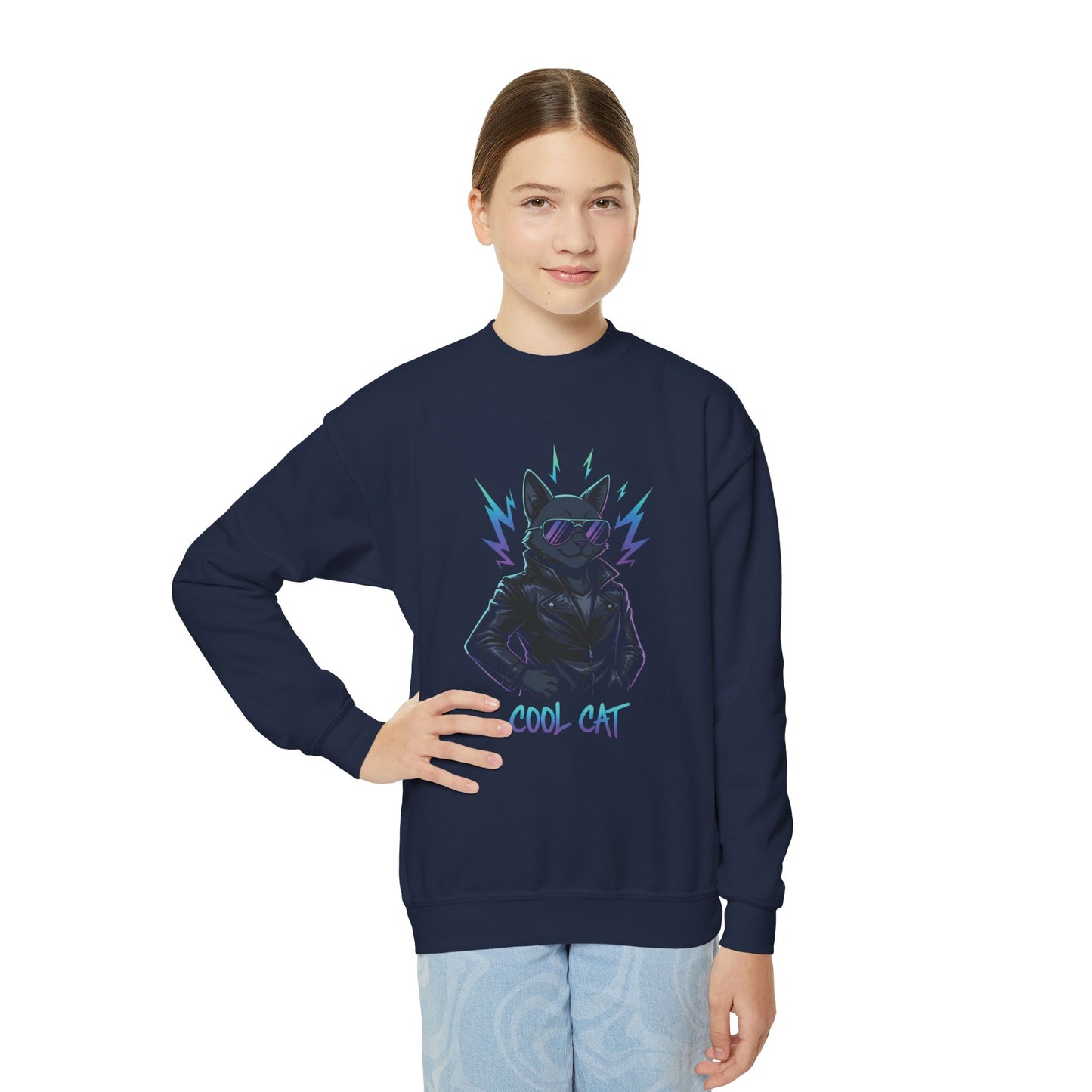 Cool Cat - Cozy Unisex Youth Crewneck Sweatshirt style 1
