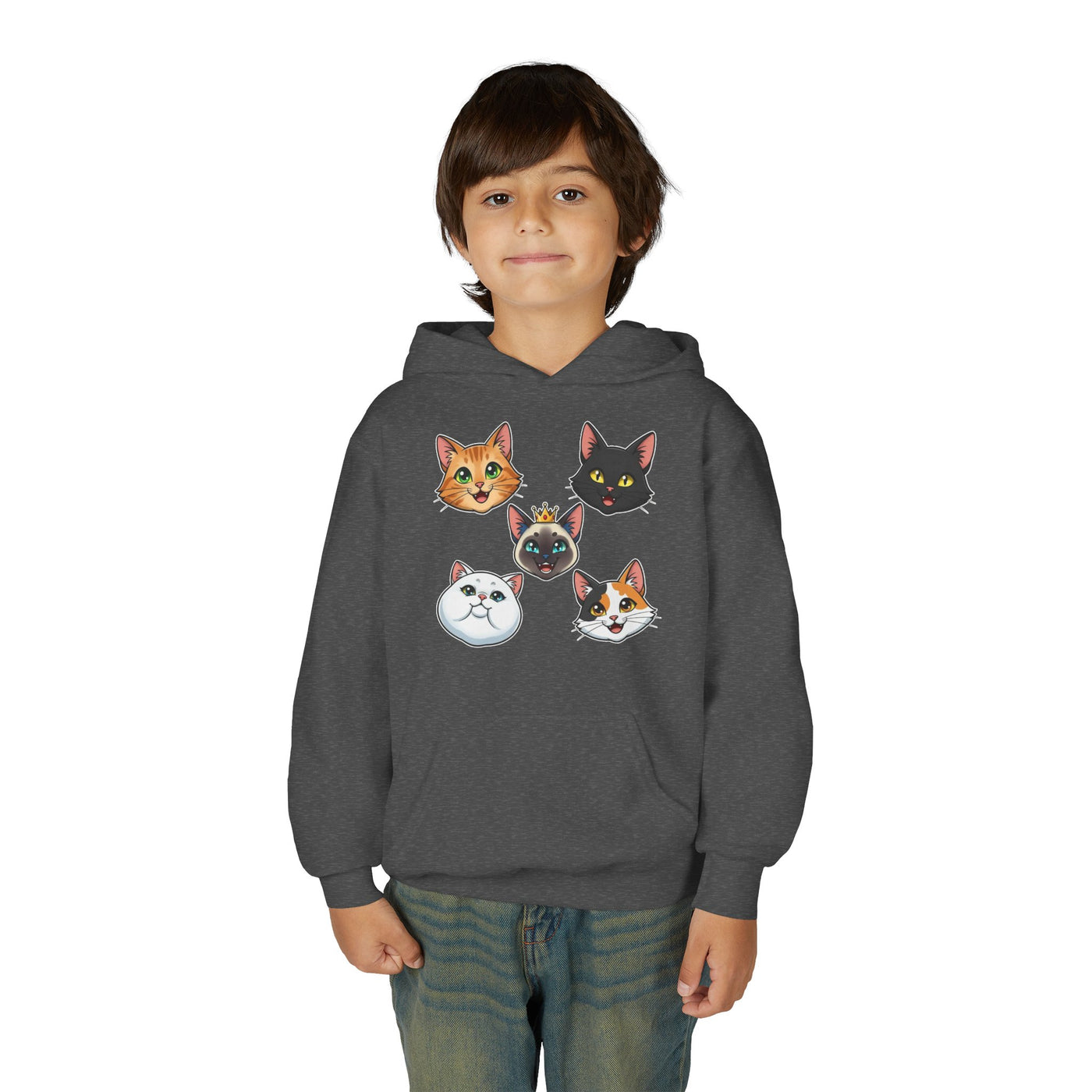 Cute Cat Heads Unisex Youth Hoodie, Fun Pet Lover Sweater, Kids Gift, Animal Lover Apparel, Perfect for Birthdays & Holidays