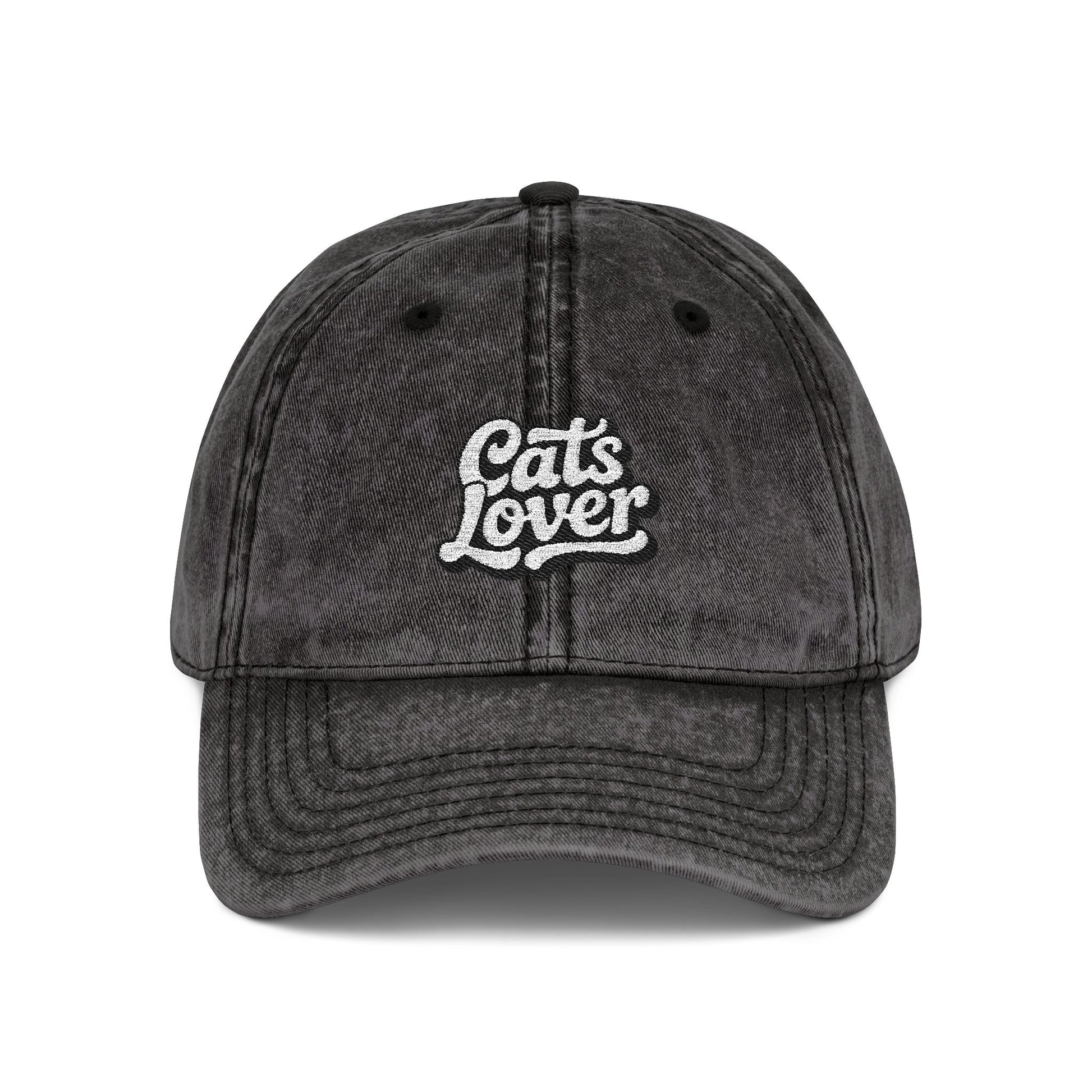 Cats Lover Vintage Embroidered Cap Dad Hat Grey Words featuring cozy vintage script embroidery.