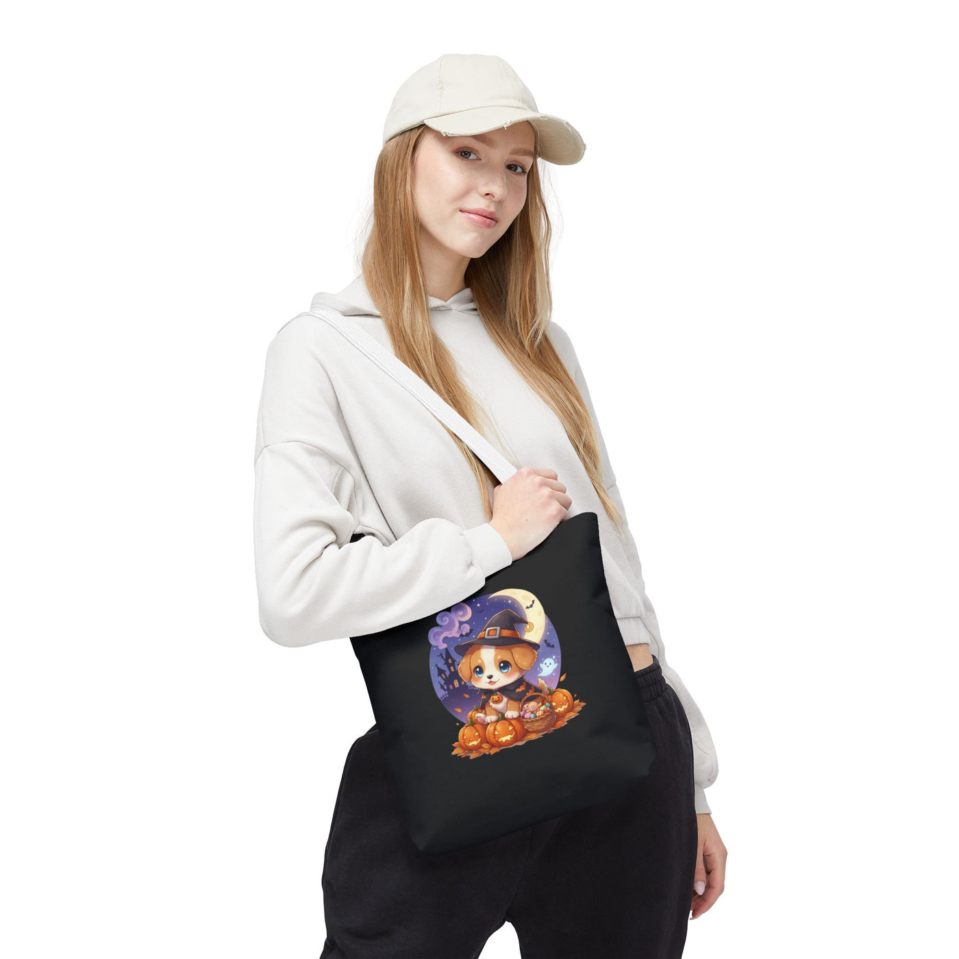 Adorable Halloween Puppy anime style Tote Bag, Pumpkin Lover Gift, Cute Dog Design, Witch Theme, Eco-Friendly Shopping Bag