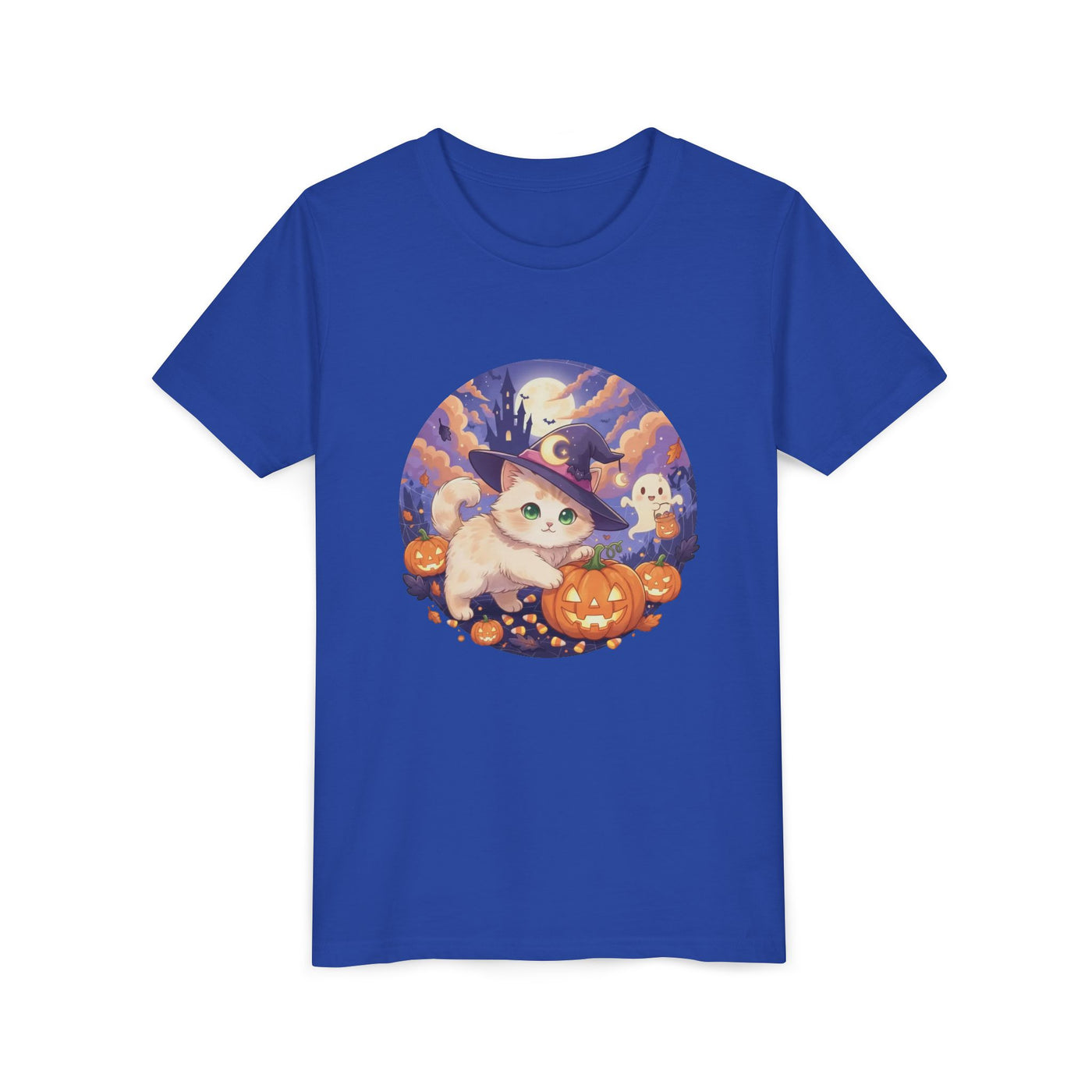 Halloween cute kitten anime style 5 Unisex Youth Tee | T-Shirt, Cute Pumpkin Shirt, Kids Halloween Outfit, Cat Lover Gift, Fun Fall Apparel