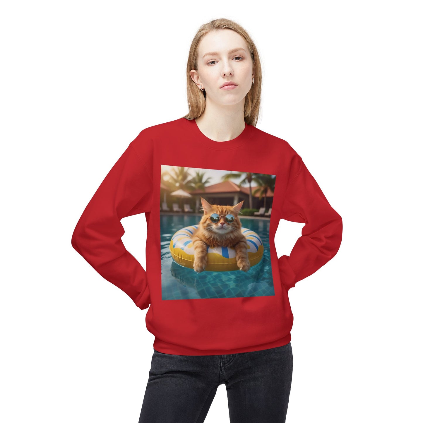 Swimming Pool Vibes Graphic Cat Unisex Crewneck Sweatshirt