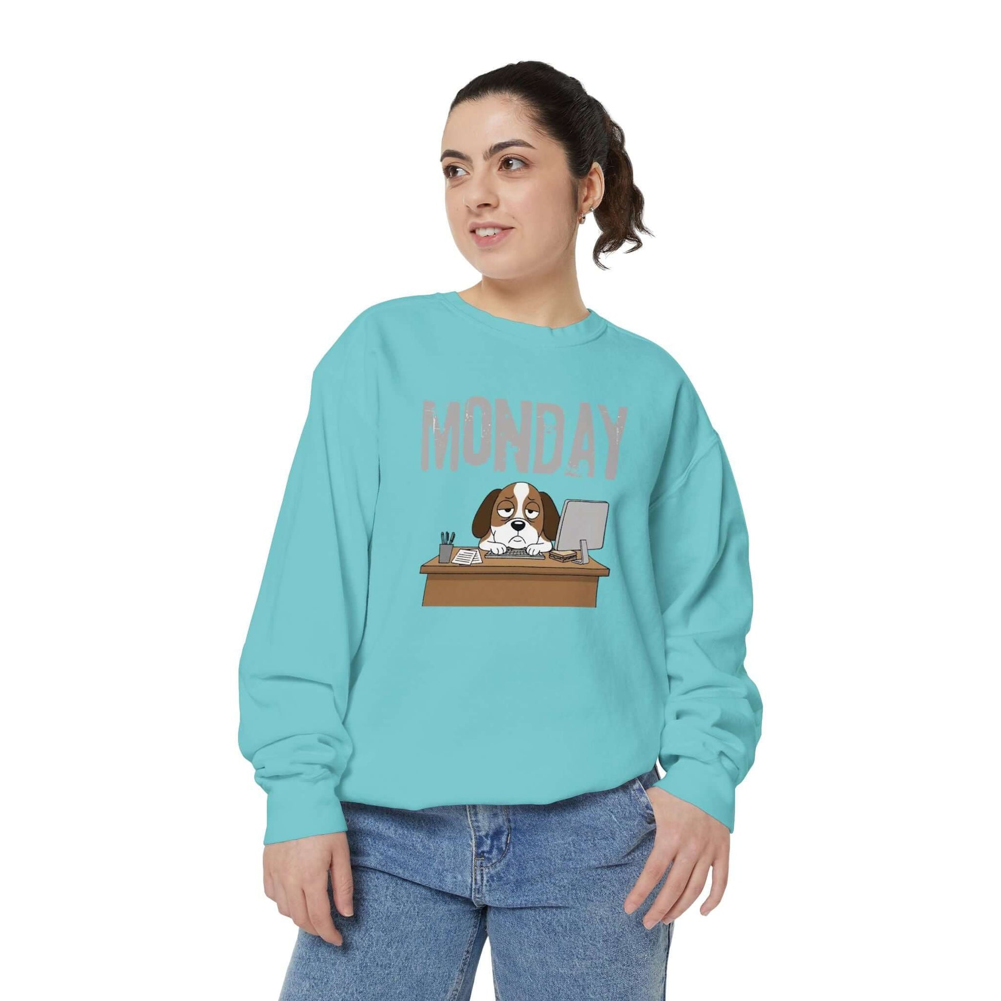 Monday Face Dog Stares Blankly Unisex Crewneck Sweatshirt modeled by a woman in a blue sweatshirt with dog graphic.
