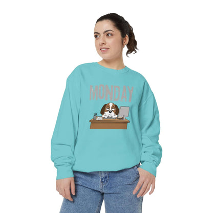 Monday Face Dog Stares Blankly Unisex Crewneck Sweatshirt modeled by a woman in a blue sweatshirt with dog graphic.