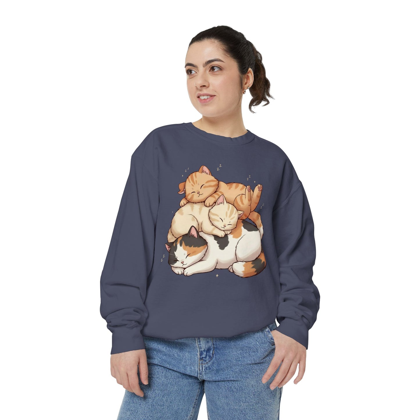 3 Cute Sleeping Cats Cozy Graphic Unisex Crewneck Sweatshirt style 1