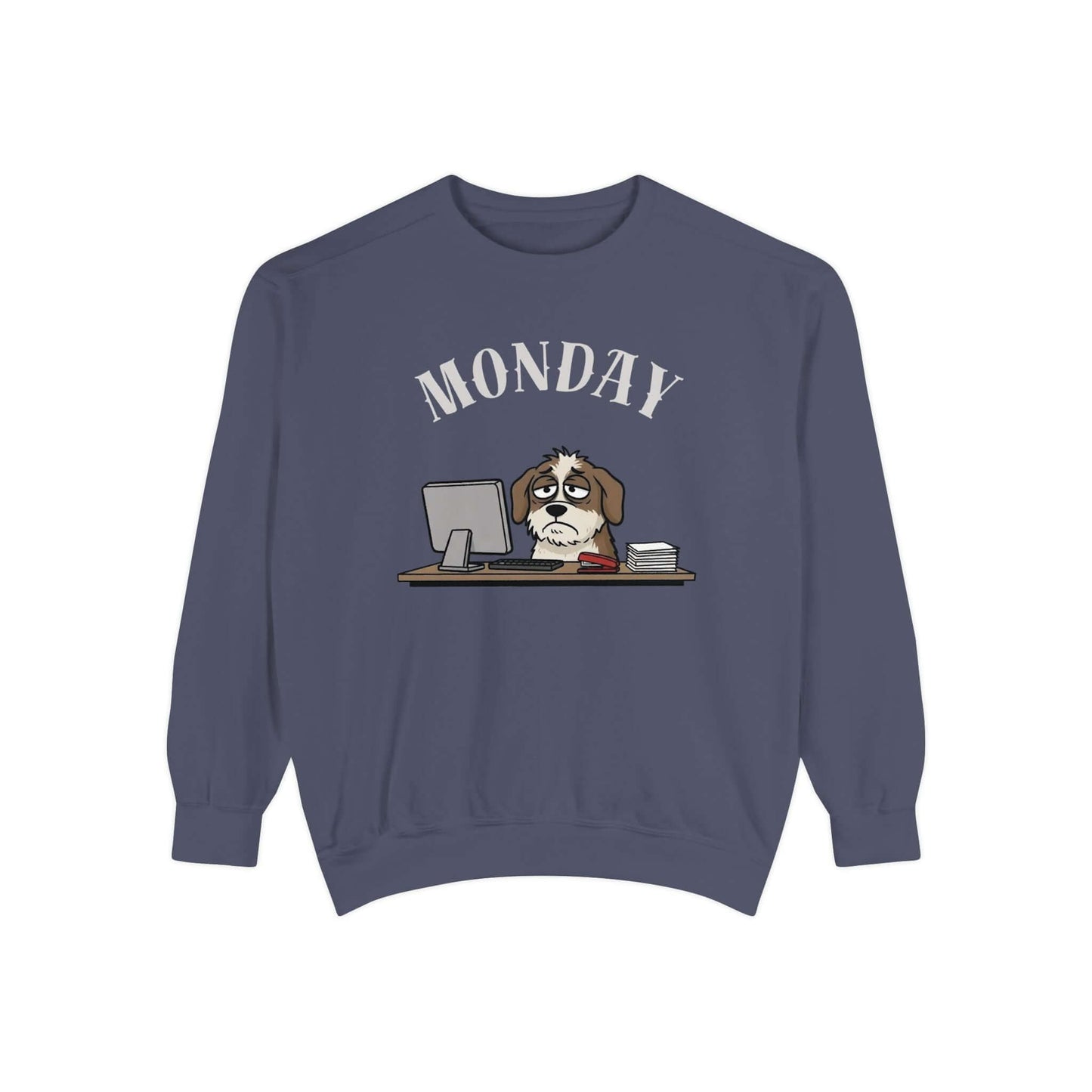 Monday Face Dog Stares Blankly Unisex Crewneck Sweatshirt on a navy background featuring a grumpy dog and a computer.
