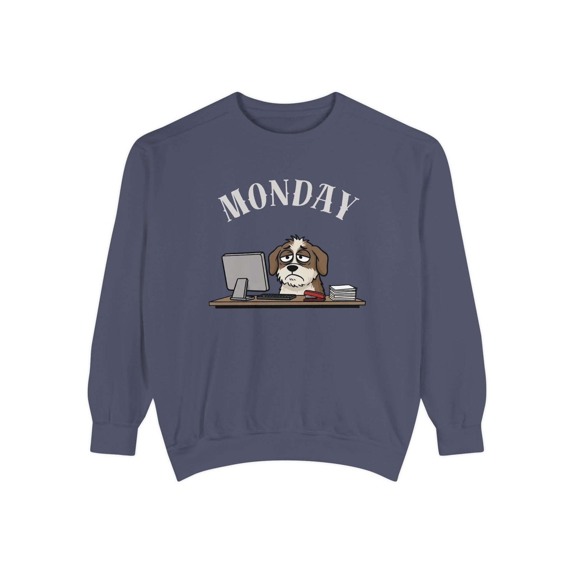Monday Face Dog Stares Blankly Unisex Crewneck Sweatshirt on a navy background featuring a grumpy dog and a computer.