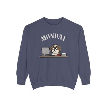 Monday Face Dog Stares Blankly Unisex Crewneck Sweatshirt on a navy background featuring a grumpy dog and a computer.