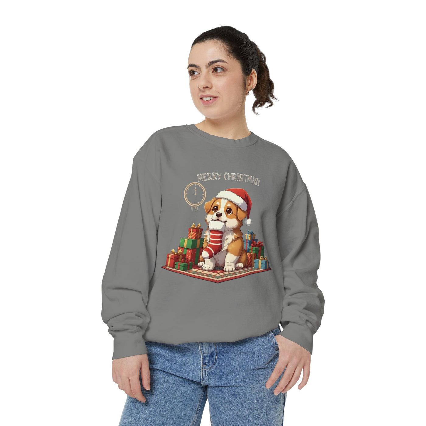 Cute Puppy waiting for Christmas presents style 1 Cozy Graphic Unisex Crewneck Sweatshirt