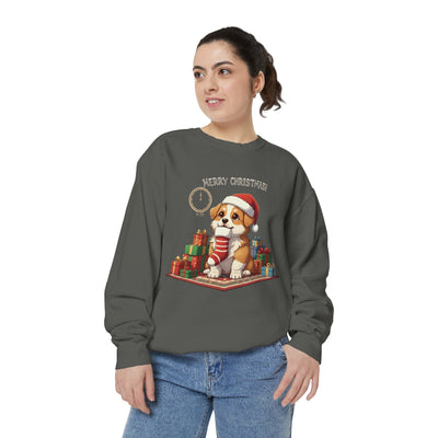 Cute Puppy waiting for Christmas presents style 1 Cozy Graphic Unisex Crewneck Sweatshirt