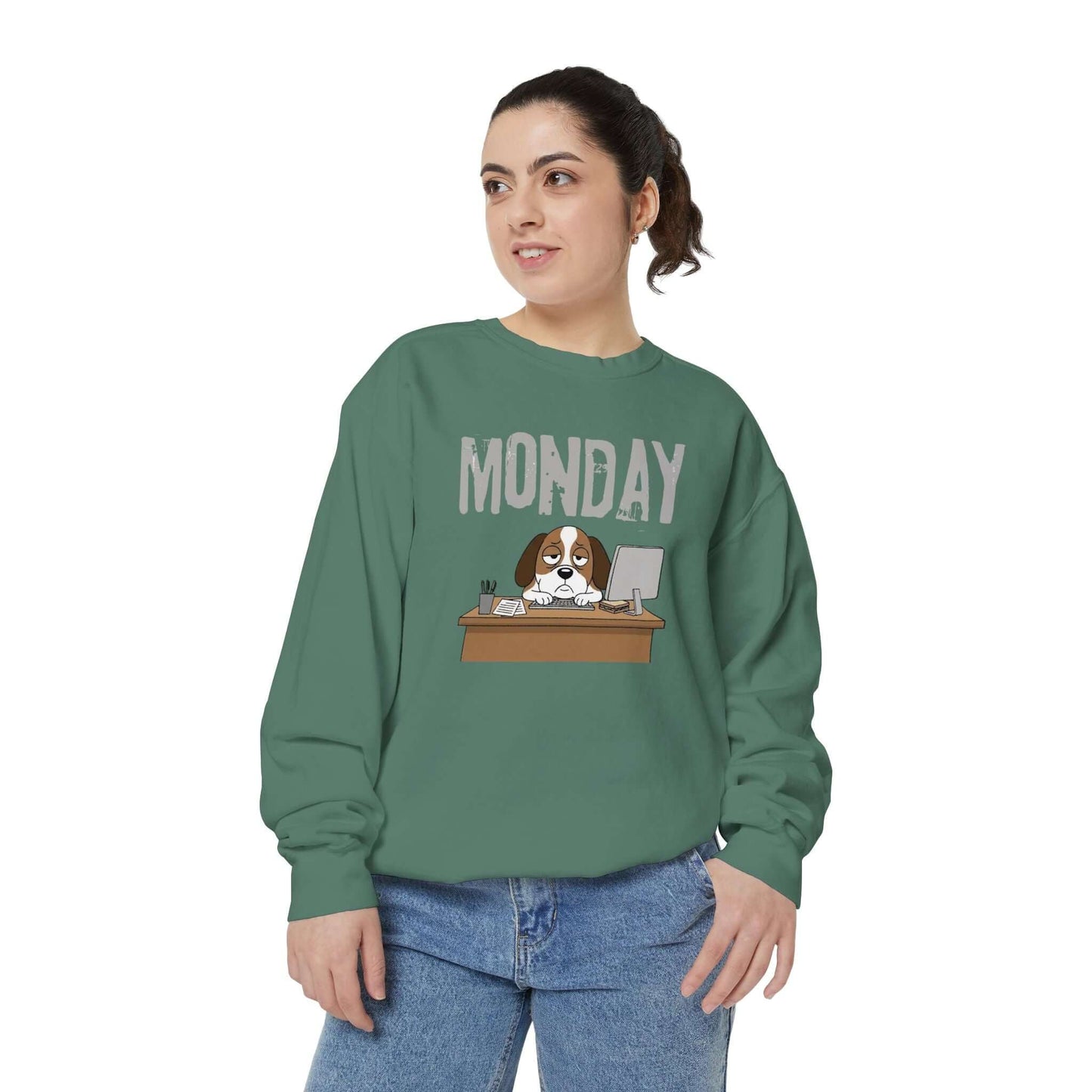 Monday Face Dog Stares Blankly Unisex Crewneck Sweatshirt featuring a cartoon dog looking at a computer with a Monday banner.