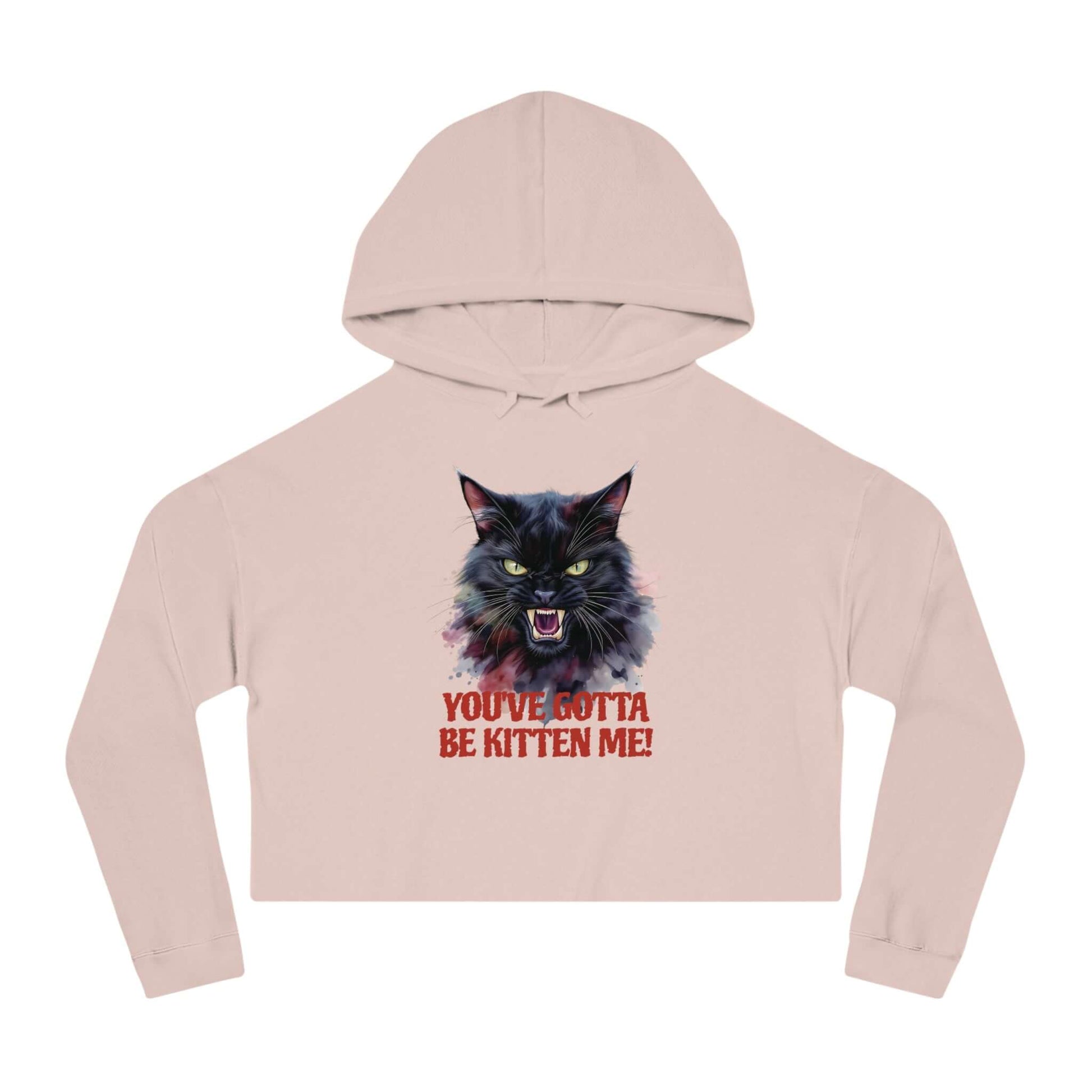 You've Gotta Be Kitten Me - Black Cat Women Cropped Hoodie with fierce black cat graphic on pink fabric.