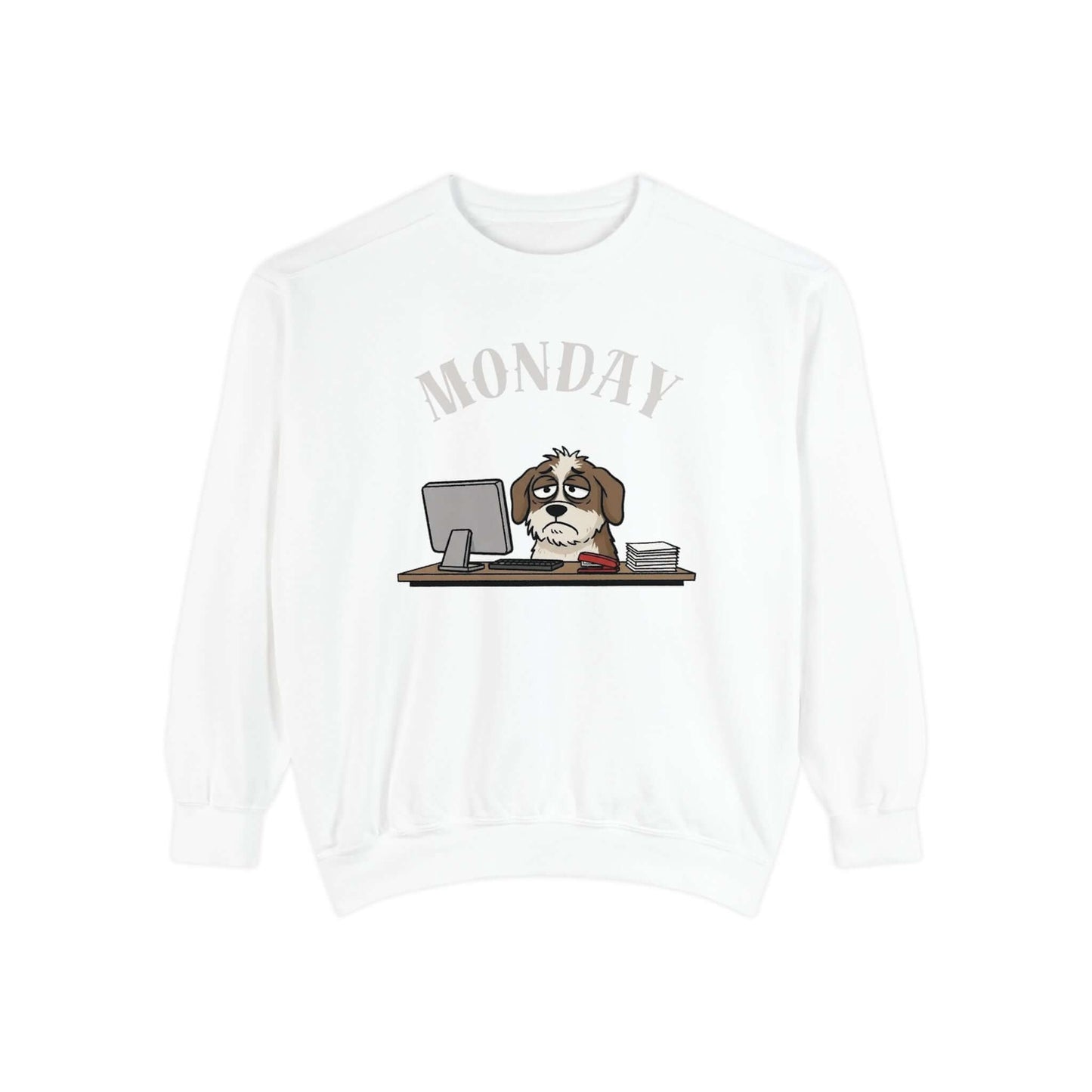 Monday Face Dog Stares Blankly Unisex Crewneck Sweatshirt with a dog sitting at a desk under a Monday banner.