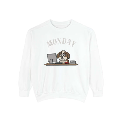 Monday Face Dog Stares Blankly Unisex Crewneck Sweatshirt with a dog sitting at a desk under a Monday banner.