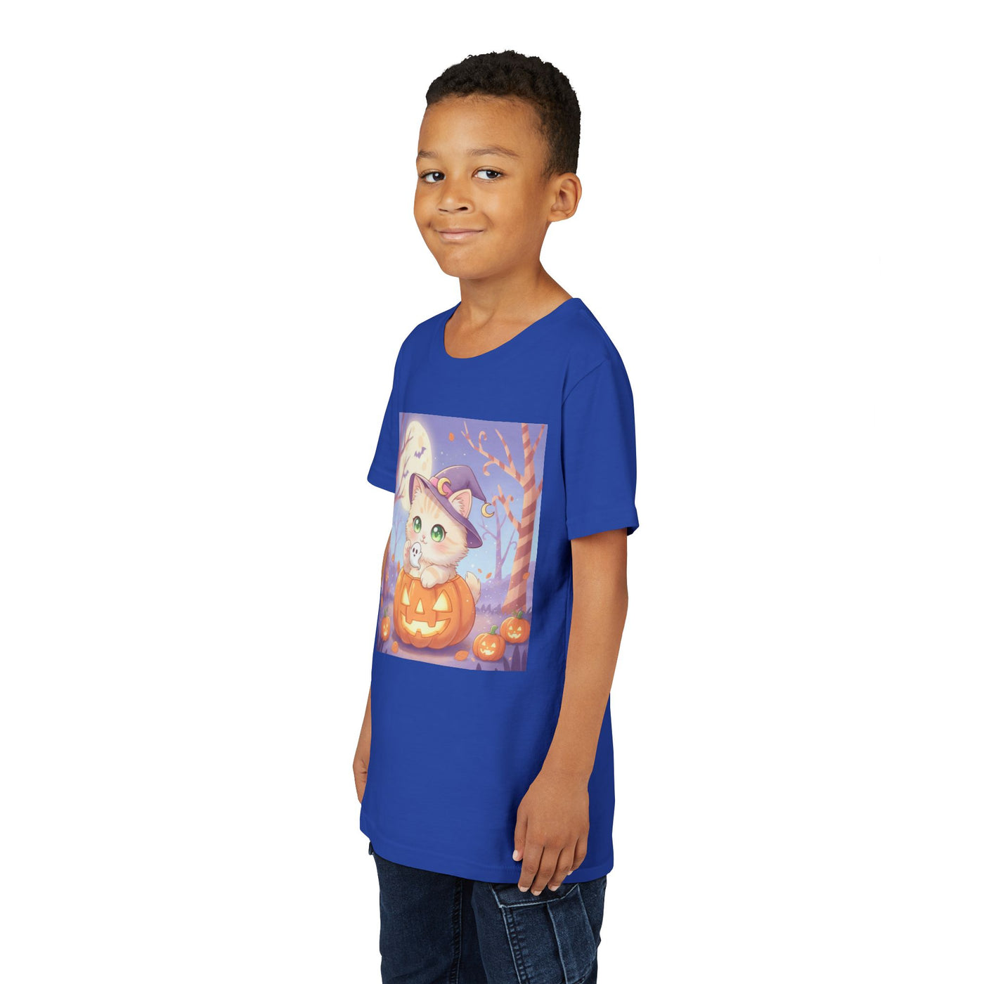 Halloween cute kitten anime style 1 Unisex Youth Tee | T-Shirt, Cute Pumpkin Shirt, Kids Halloween Outfit, Cat Lover Gift, Fun Fall Apparel