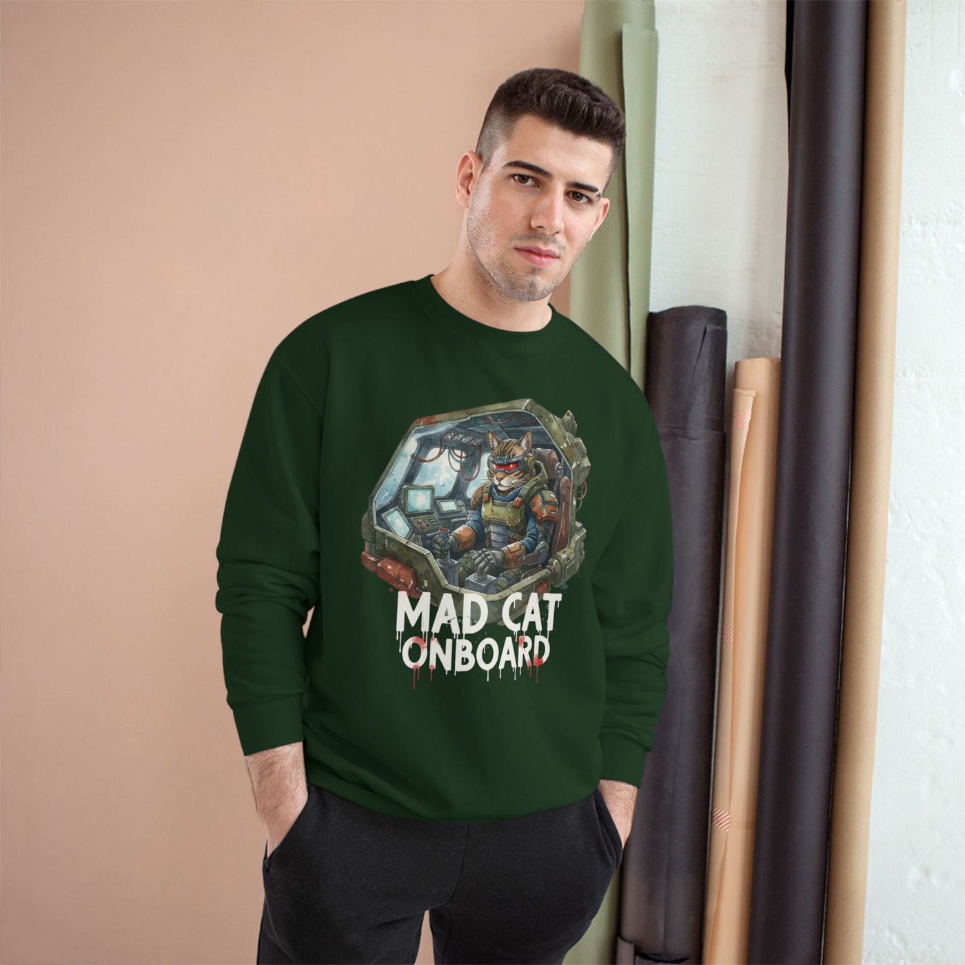 Mad Cat Onboard Graphic style 1 Champion Crewneck Sweatshirt for Gamers & Sci‑Fi Fans