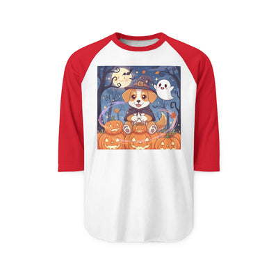 Halloween cute puppy anime style 3 Raglan Shirt, Cute Pet Shirt, Fall Apparel, Unisex Halloween Outfit, Gift for Dog Lovers, Spooky Season Tee