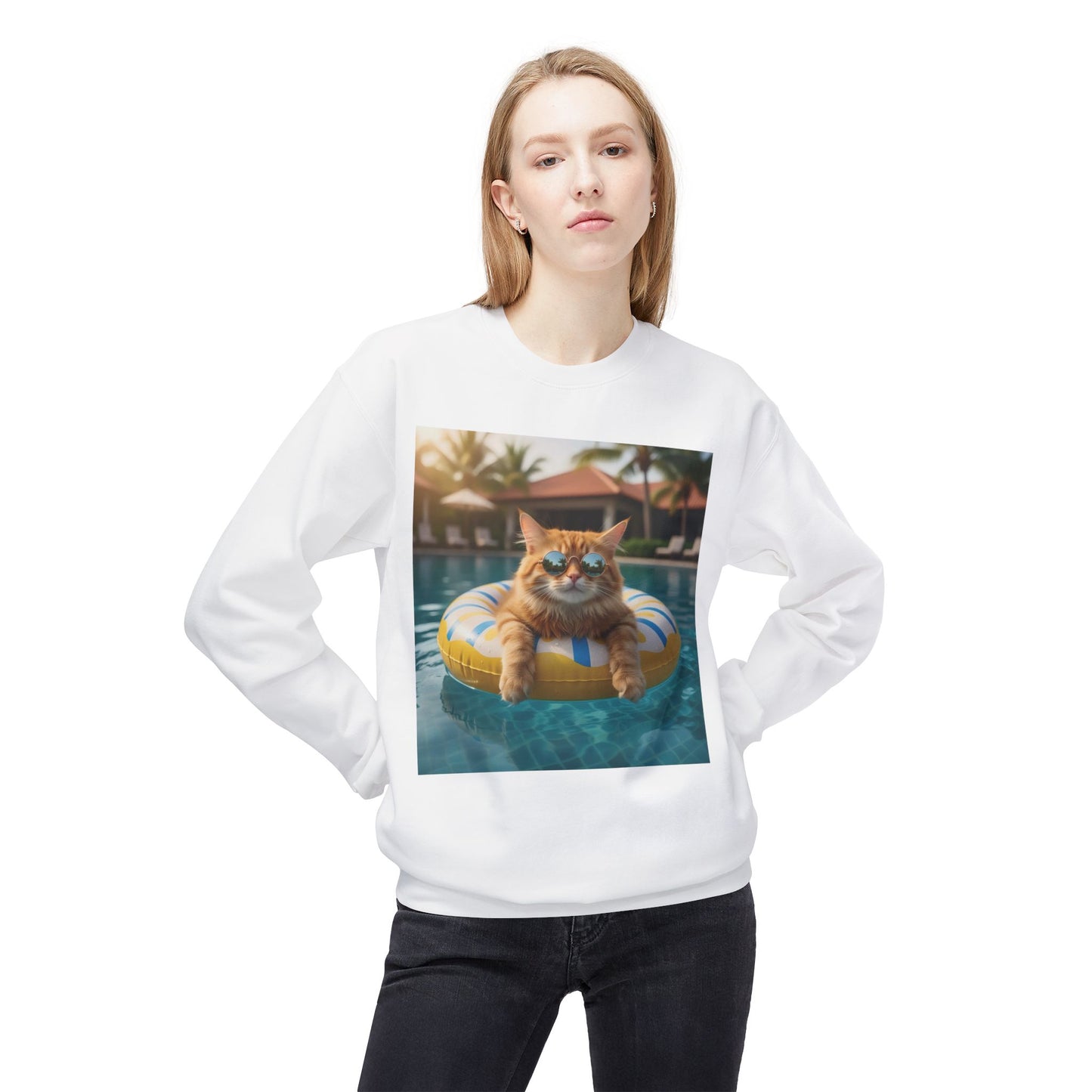 Swimming Pool Vibes Graphic Cat Unisex Crewneck Sweatshirt