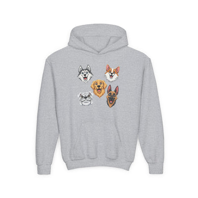 Cute Dog Heads Unisex Youth Hoodie, Fun Pet Lover Sweater, Kids Gift, Animal Lover Apparel, Perfect for Birthdays & Holidays