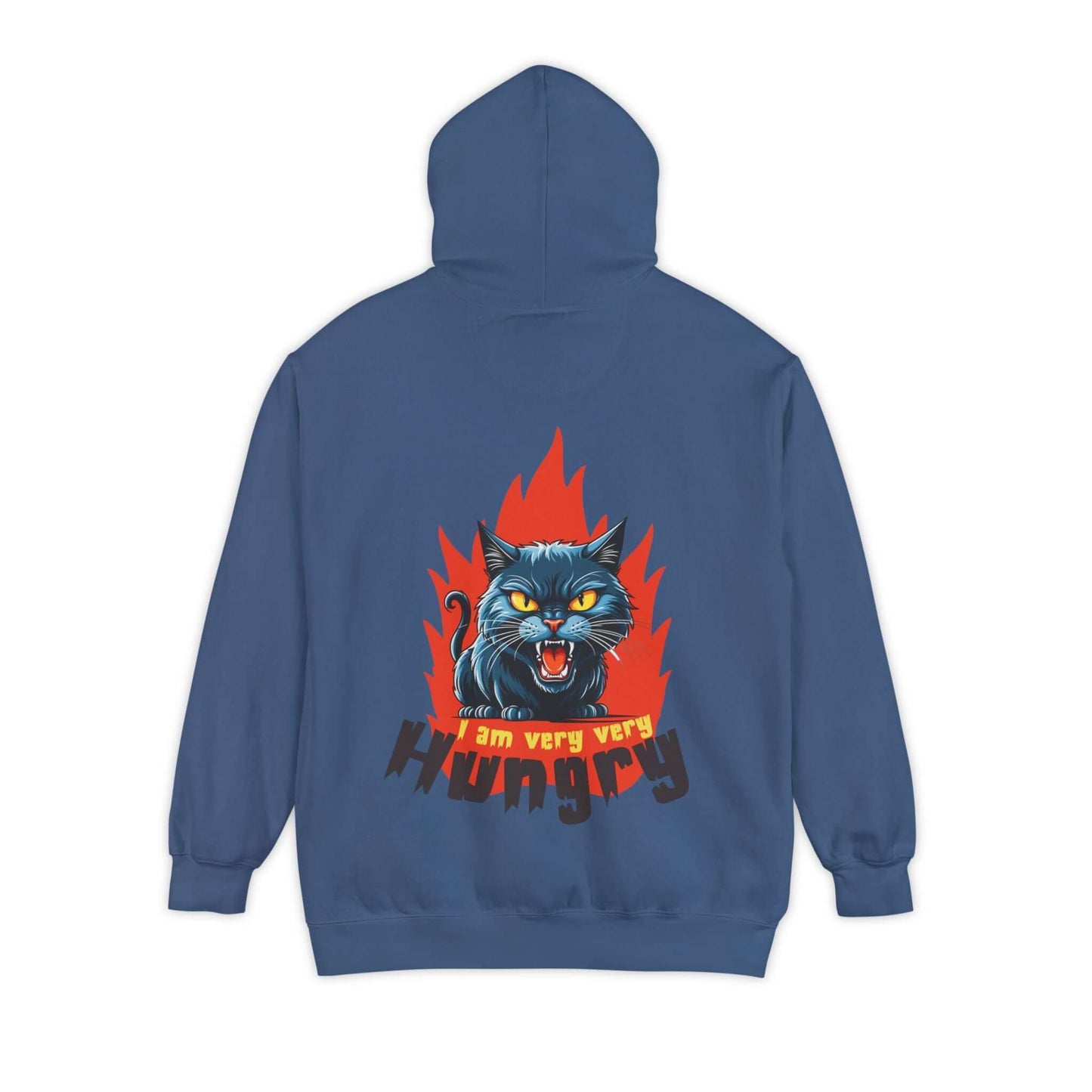 I am very very Hungry - Cartoon Cat Unisex Pullover Hoodie featuring a snarling blue cat and flames design.
