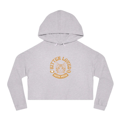 Kitten Loved - Orange Cat Graphic Women Cropped Hoodie featuring a playful cat design on a light grey fabric.