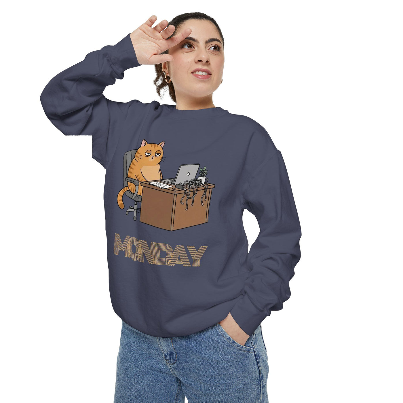 Monday Face Cat Stares Blankly Unisex Crewneck Sweatshirt style 3