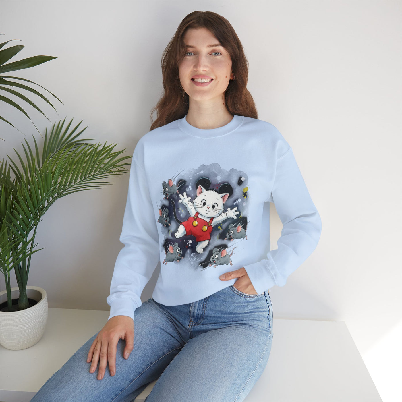 Watercolor painting style 2 Men & Women Cute Cat Pile Crewneck Sweatshirt