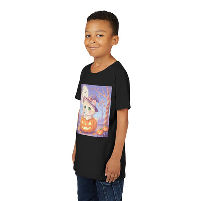 Halloween cute kitten anime style 1 Unisex Youth Tee | T-Shirt, Cute Pumpkin Shirt, Kids Halloween Outfit, Cat Lover Gift, Fun Fall Apparel