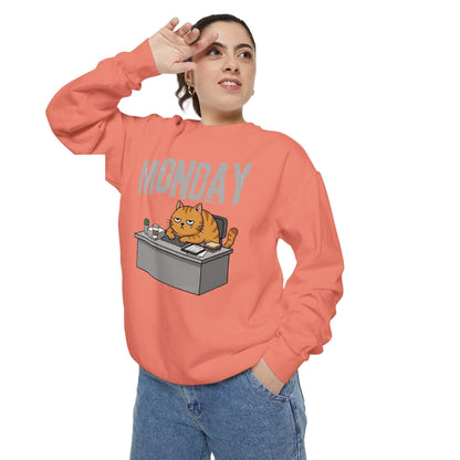 Monday Face Cat Stares Blankly Unisex Crewneck Sweatshirt style 6 worn by model, featuring cartoon cat and 'MONDAY' print.
