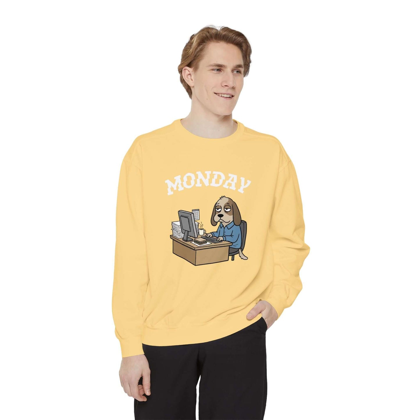 Monday Face Dog Stares Blankly Unisex Crewneck Sweatshirt in yellow with cartoon dog and 'MONDAY' text design.