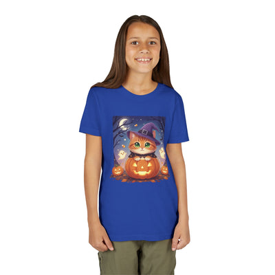 Halloween cute kitten anime style 7 Unisex Youth Tee | T-Shirt, Cute Pumpkin Shirt, Kids Halloween Outfit, Cat Lover Gift, Fun Fall Apparel