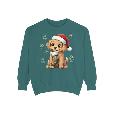 Cute Puppy waiting for Christmas presents style 4 Cozy Graphic Unisex Crewneck Sweatshirt