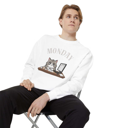 Monday Face Cat Stares Blankly Unisex Crewneck Sweatshirt featuring a cute cat illustration.
