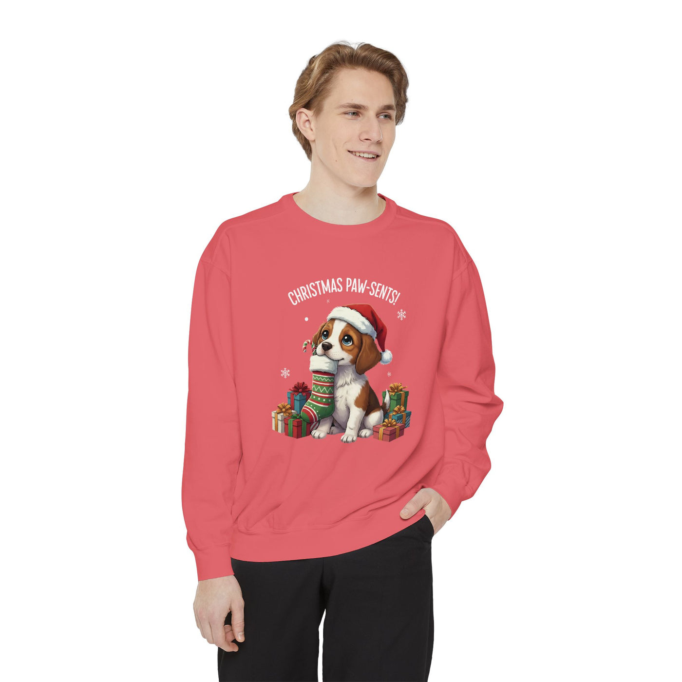 Cute Puppy waiting for Christmas presents style 3 Cozy Graphic Unisex Crewneck Sweatshirt