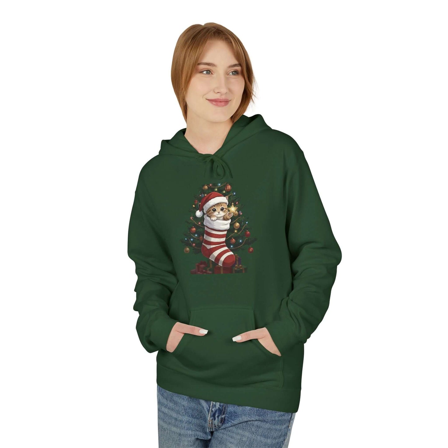 Kitten hiding in Christmas stocking Unisex Fleece Hoodie style 3